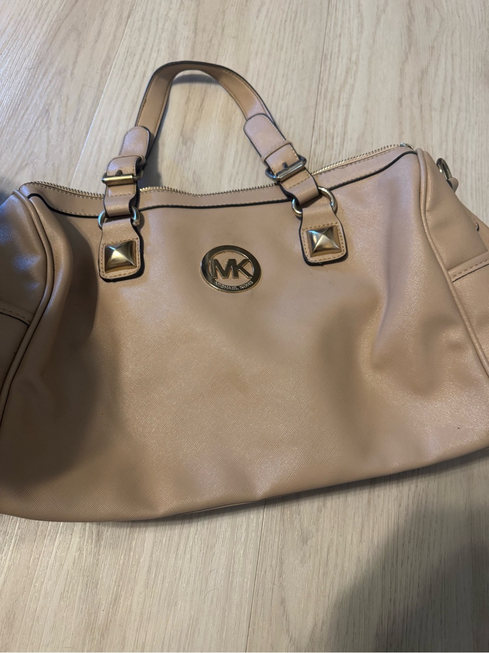 Michael Kors Beige/Tan Leather Logo Satchel with Gold Hardware